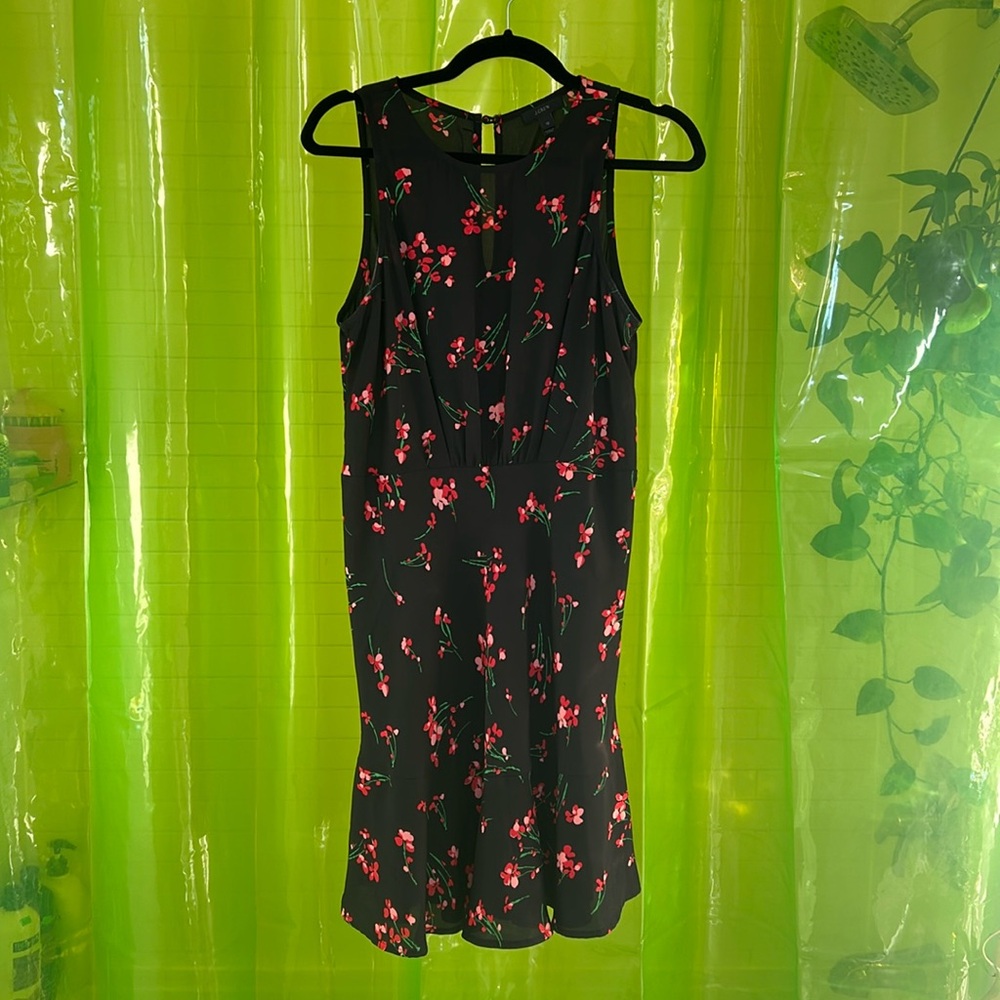 J. Crew black dress with red and link flowers